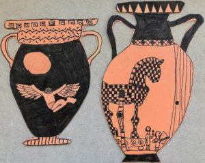 Two Greek vases depicting Icarus and the Trojan Horse