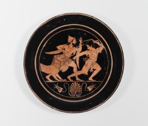 Greek plate depicting Hermes, Heracles, and Cerberus